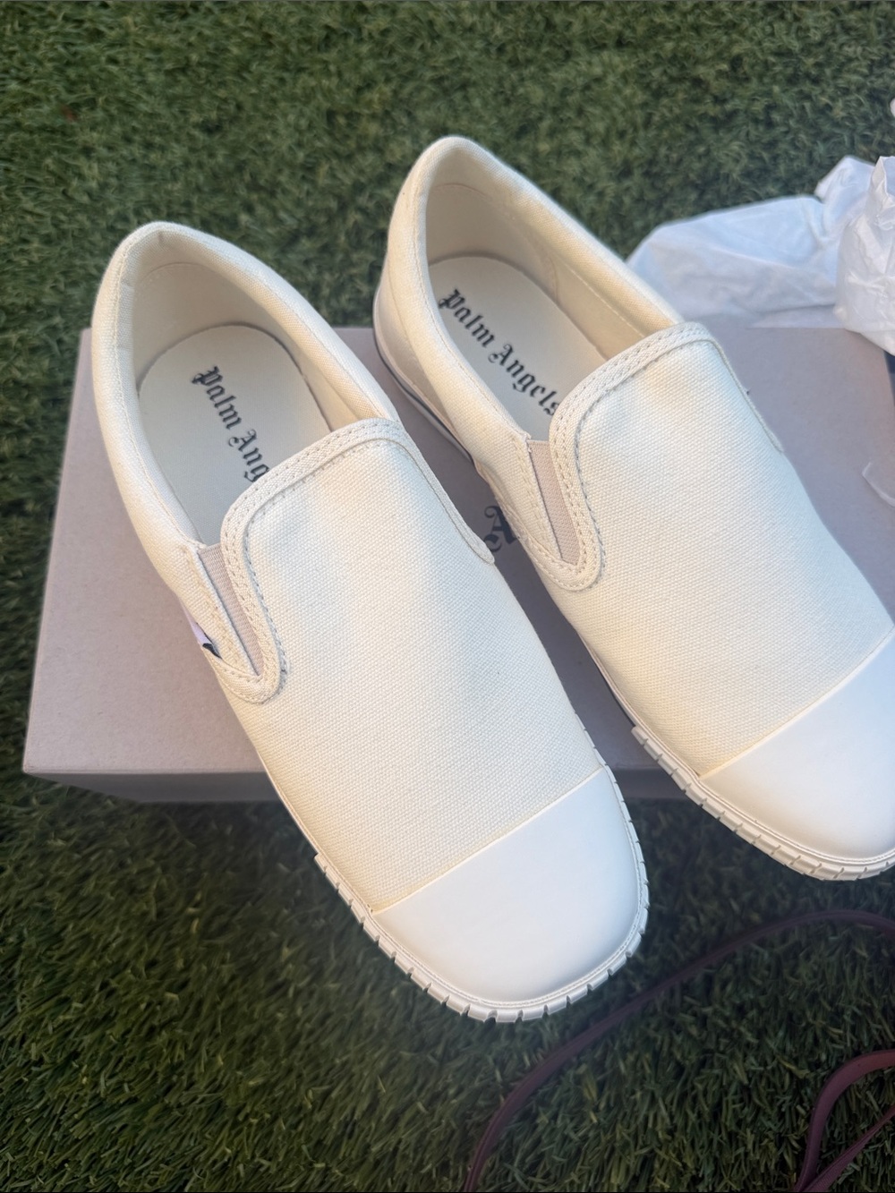 Palm Angels womens Cream Slip-On Canvas Sneakers